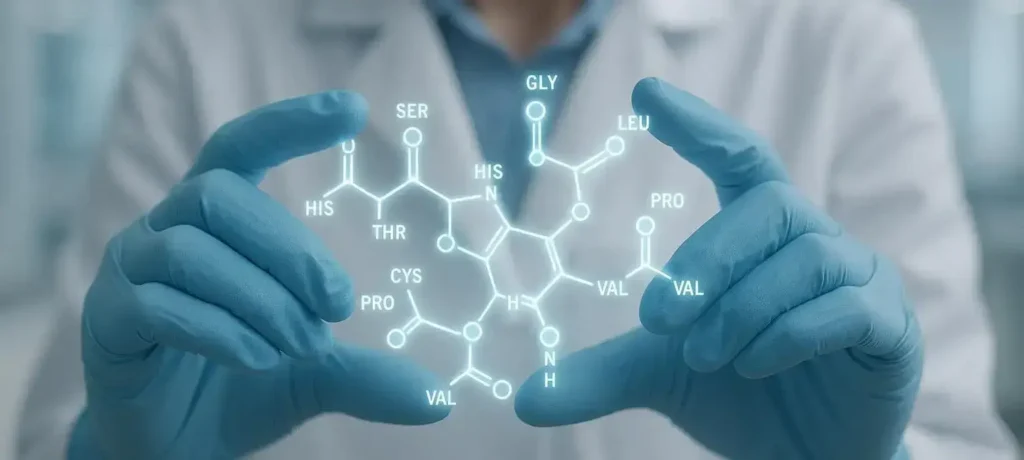 scientist_holding_holographic_peptide_molecule